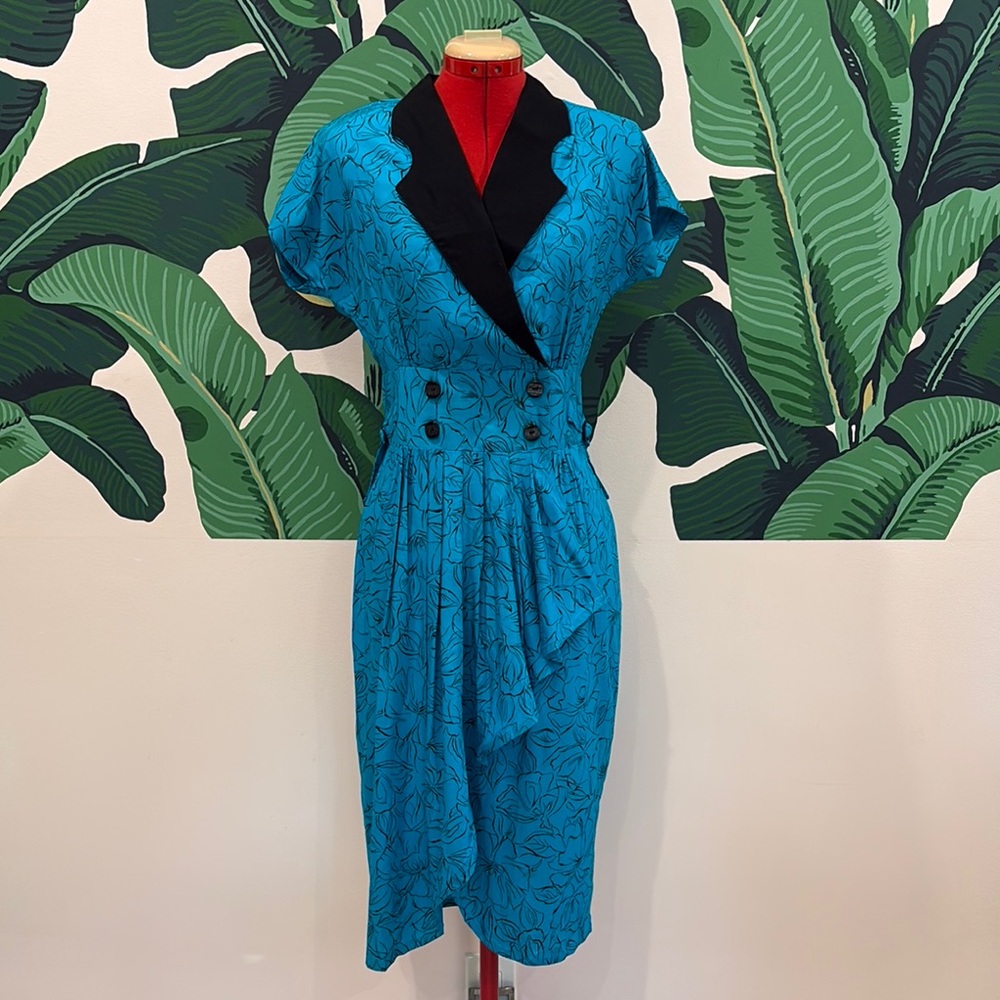 Vintage Turquoise and Black Double-Breasted Rockabilly Dress